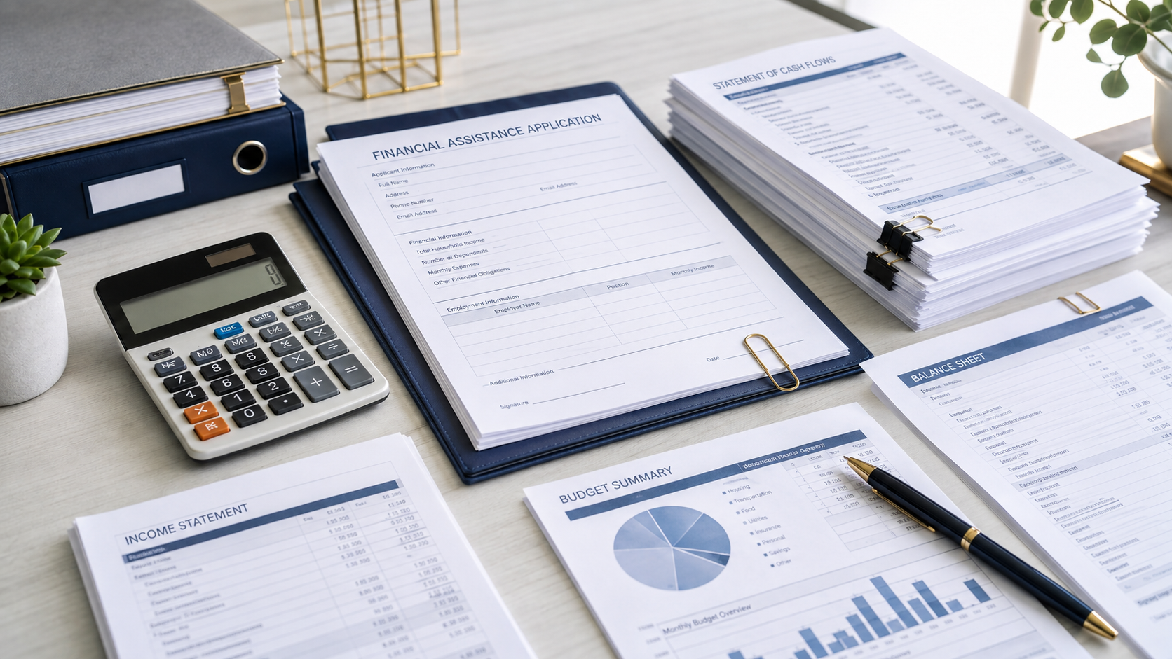 Financial assistance workspace with calculator, funding documents, budget sheets, and financial charts